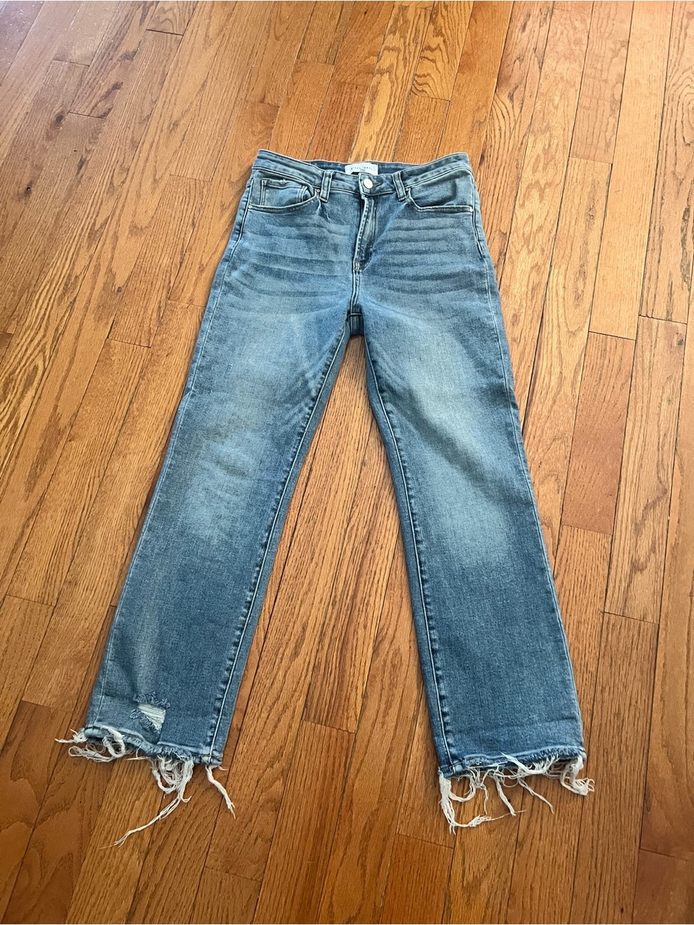 Women's Light Blue Straight Leg Jeans with Frayed Hem